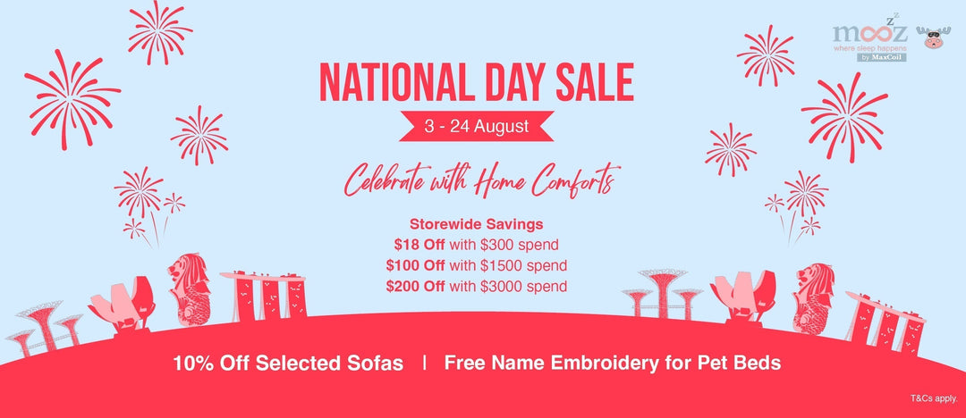 National Day Sale: 10% off selected sofas, free embroidery for pet beds, Singapore landmarks, fireworks, 3-24 Aug