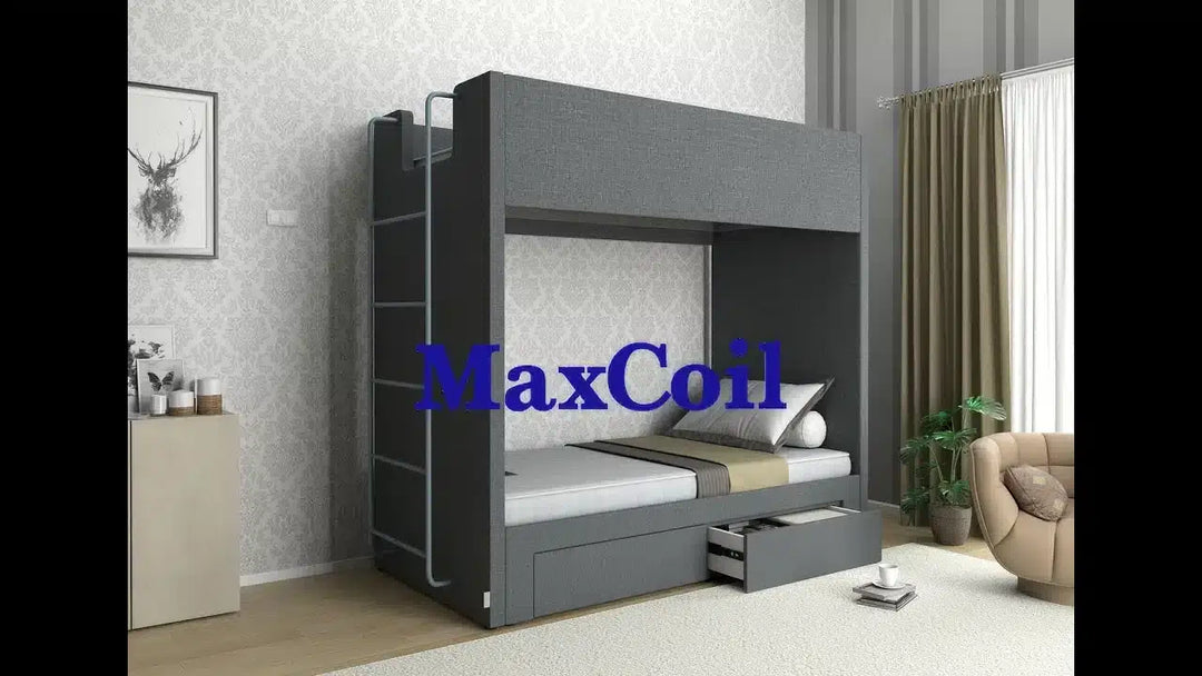 MaxCoil grey bunk bed with storage drawers in modern bedroom, luxury mattress setup