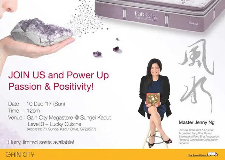 Luxury mattress with amethyst crystal, promoting wellness and positivity at Gain City event