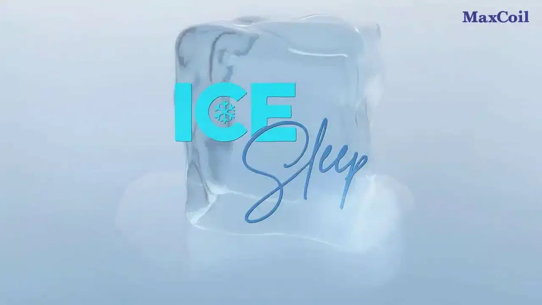 ICE Sleep logo on icy cube, MaxCoil cooling mattress technology for luxury sleep in Singapore