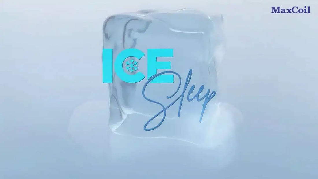 ICE Sleep logo on icy cube, MaxCoil cooling mattress technology for luxury sleep in Singapore