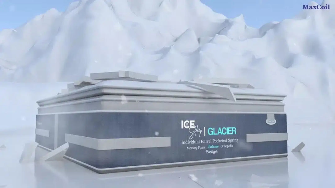 ICE Sleep Glacier mattress with individual barrel pocketed springs and memory foam in snowy setting