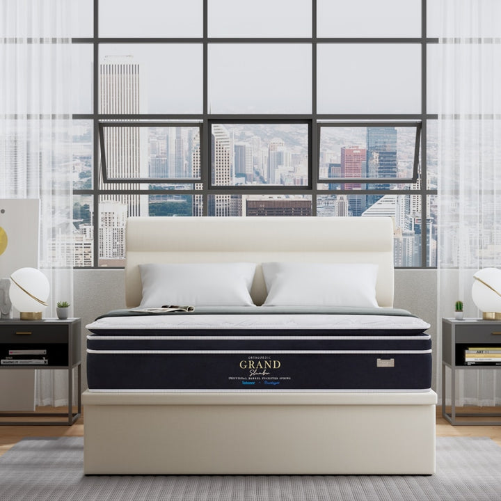 Grand Slumber 13.5″ Pocketed Spring Mattress + Ezra Storage Bed Frame (Package)