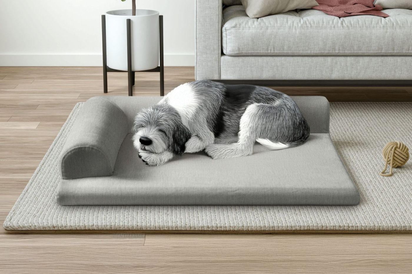 Dog lying on a grey Mappie pet sofa bed in a living room