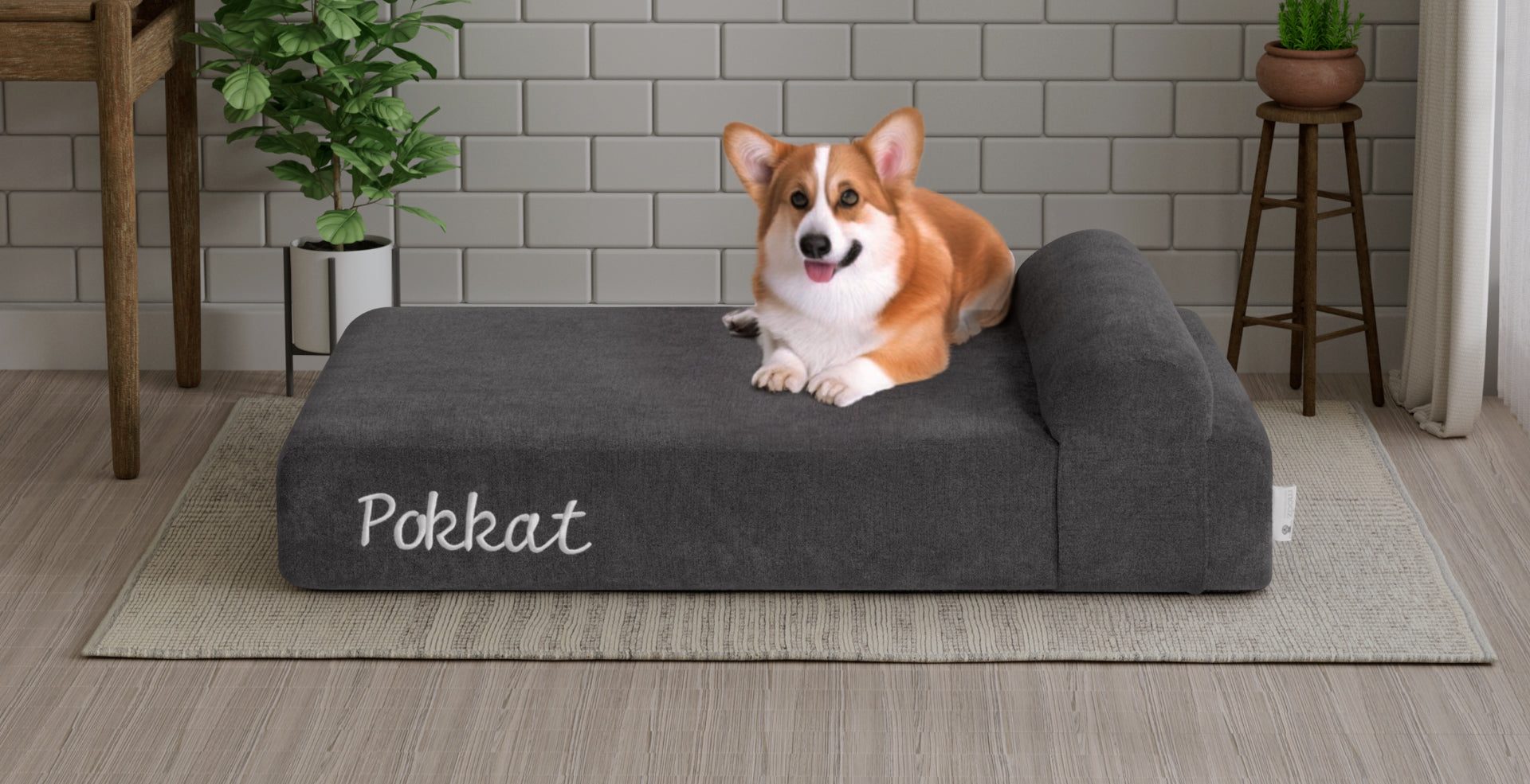 Dog lying on a grey Pokkat pocketed spring pet bed in a room with a white brick wall.
